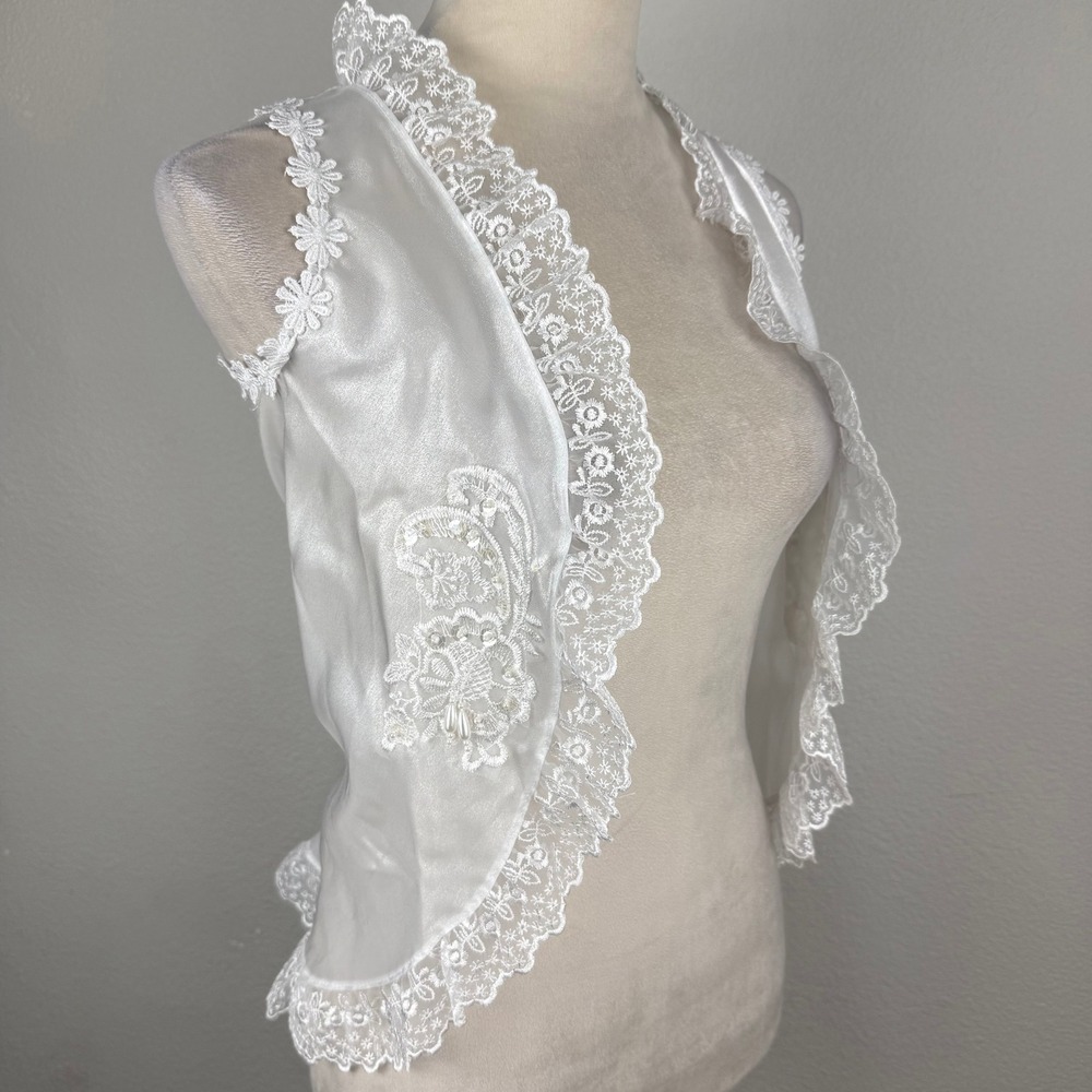 Vintage 90's Angels Garment Girls White Satin Lace Beaded Bolero Vest Cross Sz 5